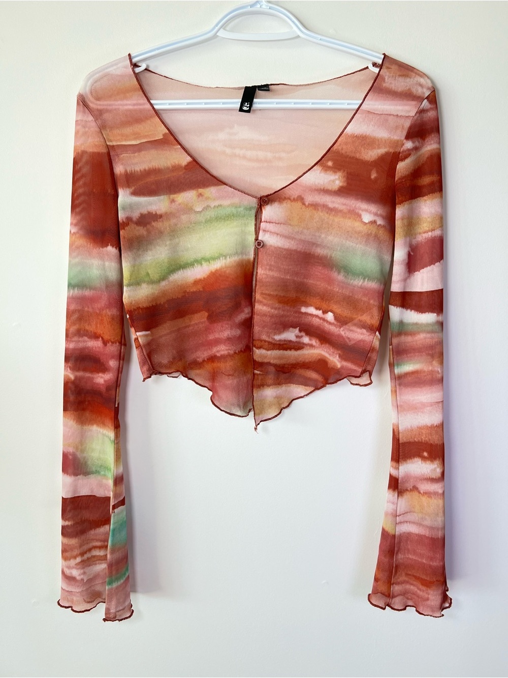 Watercolor Stripe Women’s Small Mesh Semi-Sheer Long Sleeve Boho Top Rust Multi
